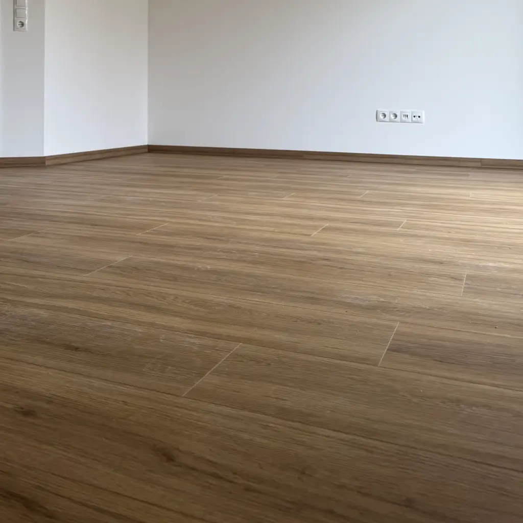 Fertig verlegter Klick-Vinylboden mit Sockelleiste in modernem Wohnraum