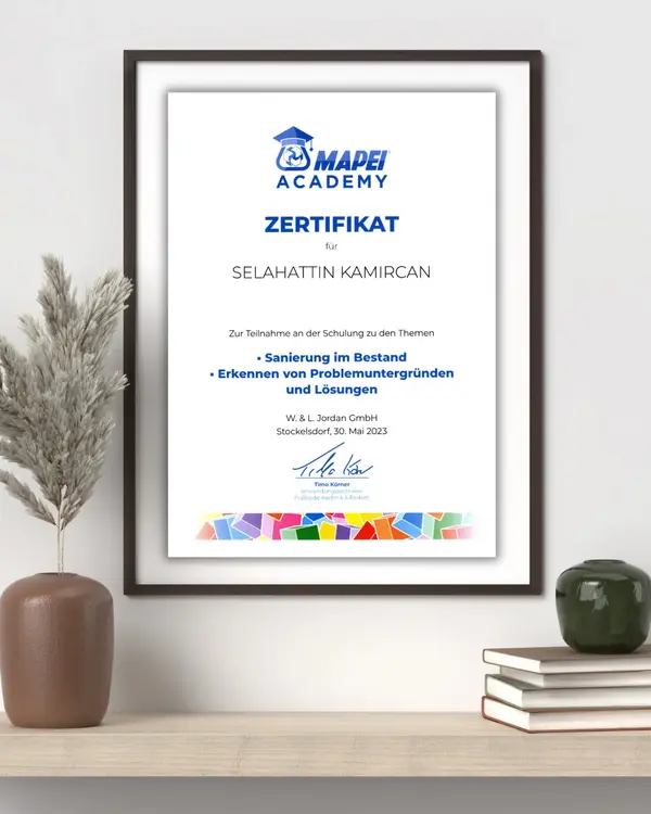 MAPEI Academy Zertifikat von Selahattin Kamircan für Sanierung im Bestand und das Erkennen von Problemuntergründen