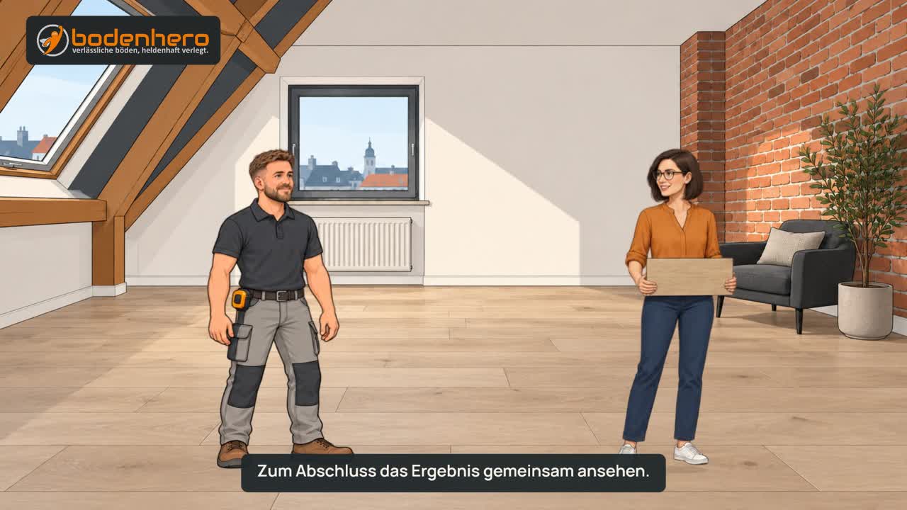 Cartoon-Verleger und Kundin mit Bodenmuster im fertig verlegten Raum